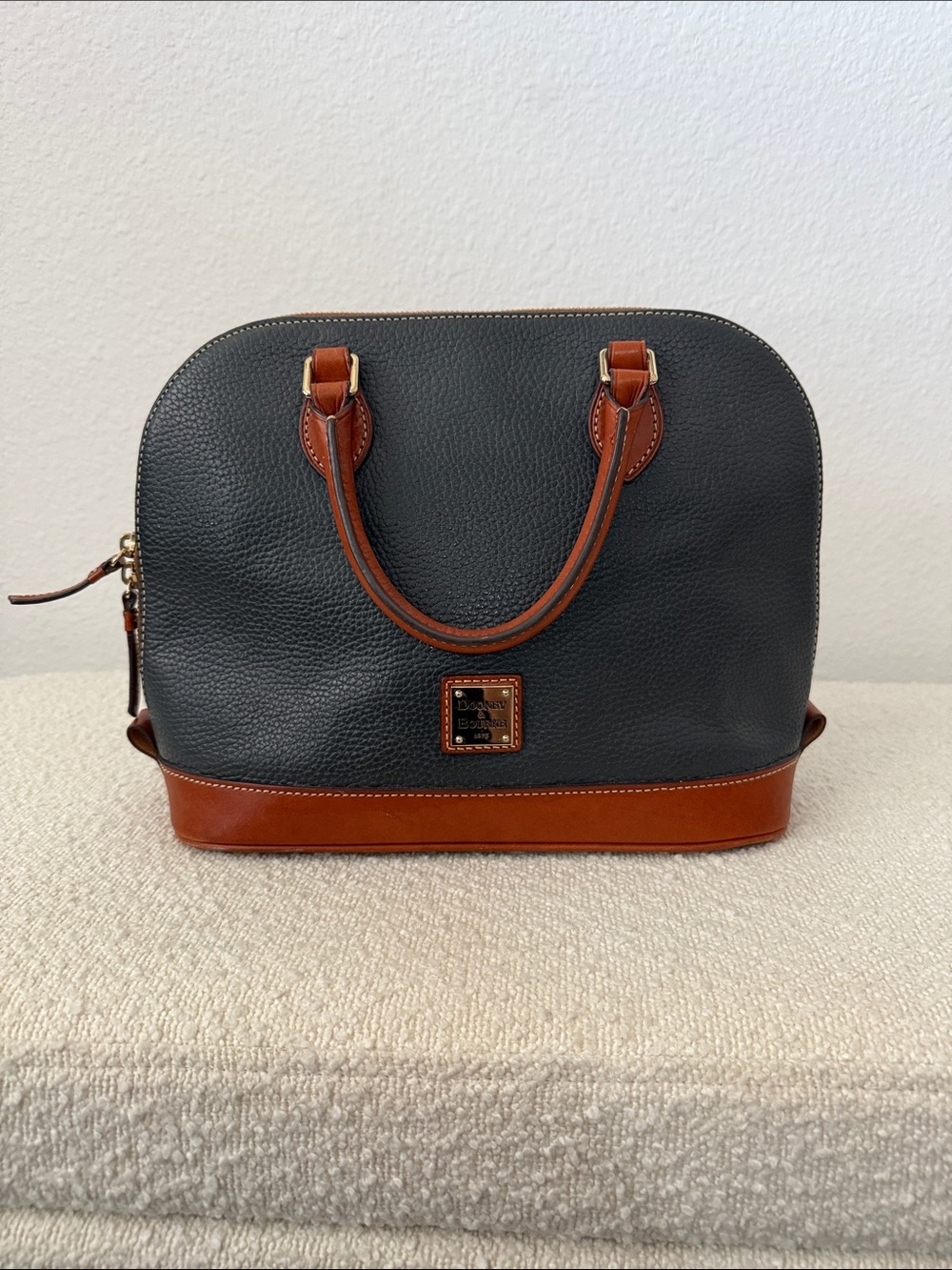 Dooney & Bourke Black Pebbled Leather Satchel with Brown Trim